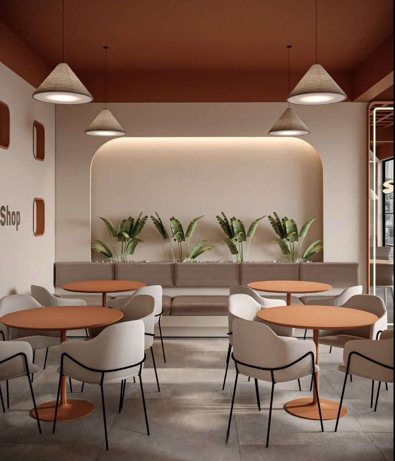 Contemporary Restaurant with Wooden Grid Ceiling